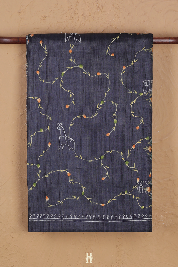 Tussar Silk Saree In Charcoal Grey With Embroidered Design