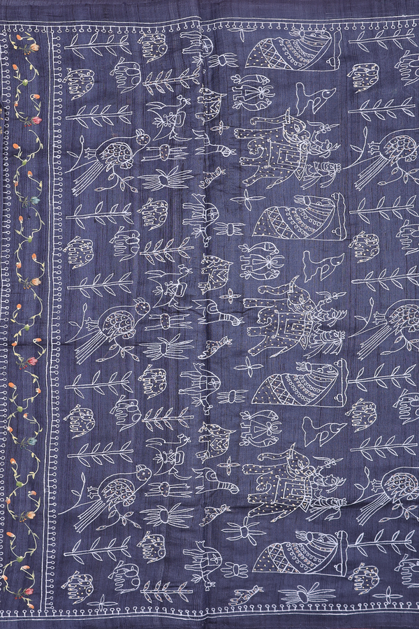 Tussar Silk Saree In Charcoal Grey With Embroidered Design