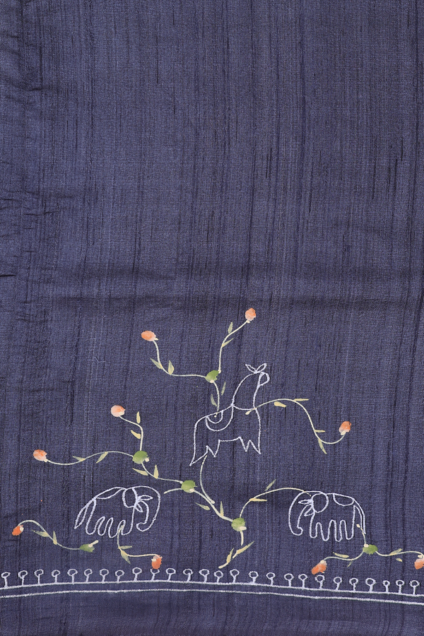 Tussar Silk Saree In Charcoal Grey With Embroidered Design