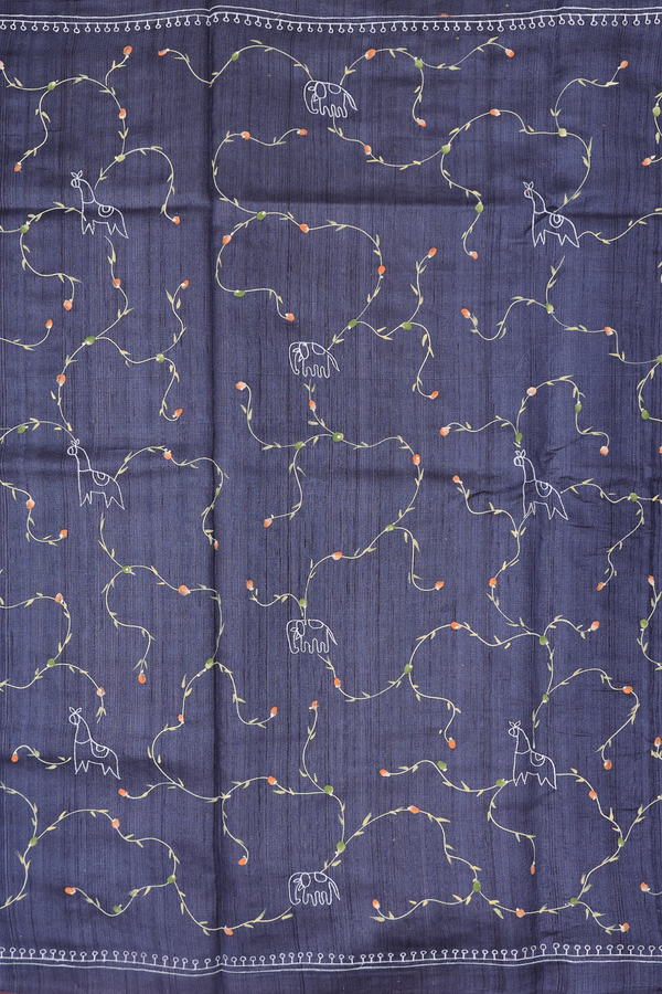Tussar Silk Saree In Charcoal Grey With Embroidered Design