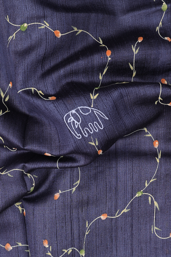 Tussar Silk Saree In Charcoal Grey With Embroidered Design