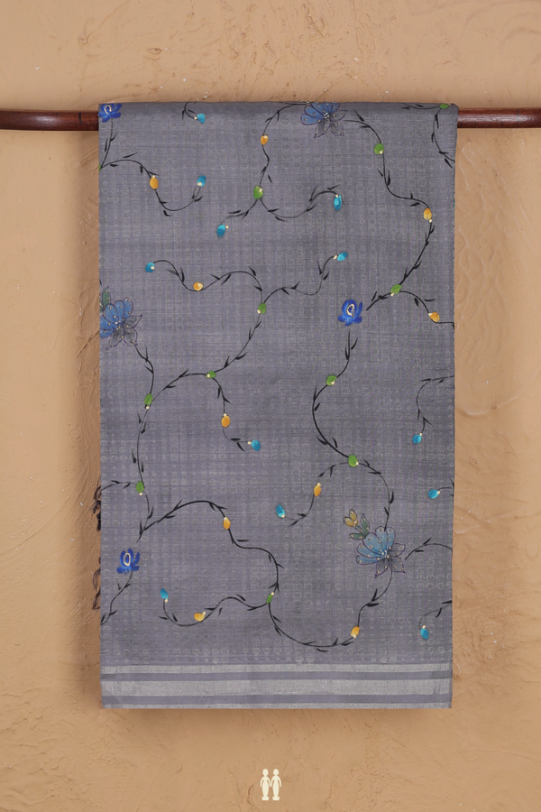 Tussar Silk Saree In Grey With Embroidered Design