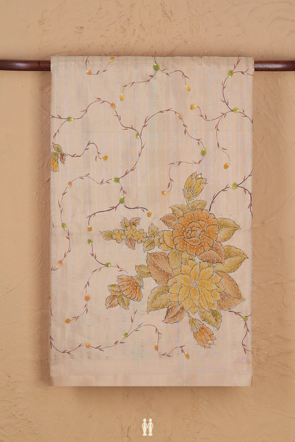 Soft Silk Saree In Cream Color With Hand Painted Design