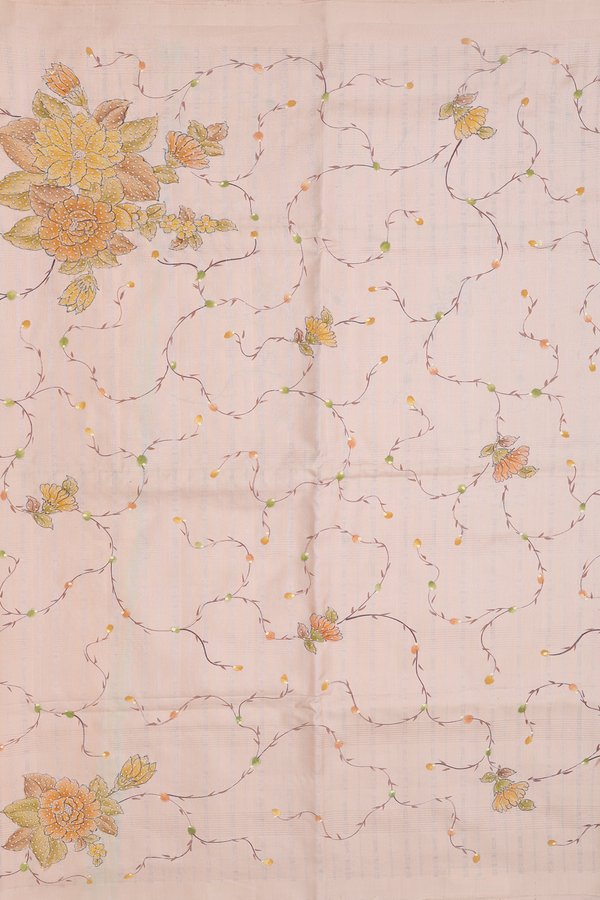 Soft Silk Saree In Cream Color With Hand Painted Design