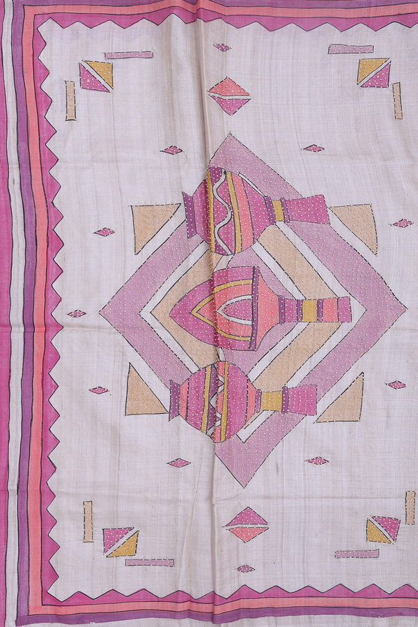 Tussar Silk Saree In Light Brown With Hand Painted Design