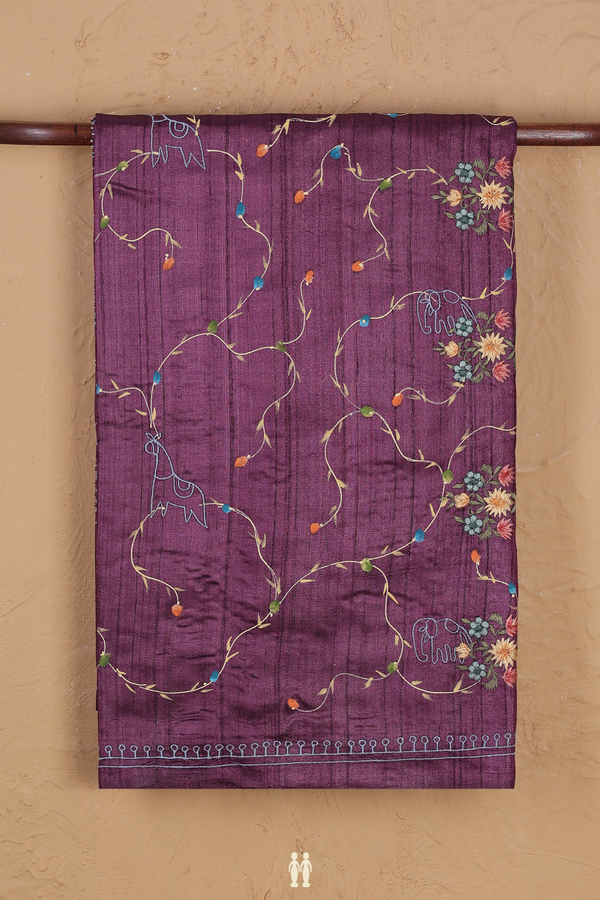 Tussar Silk Saree In Purple With Hand Painted Design