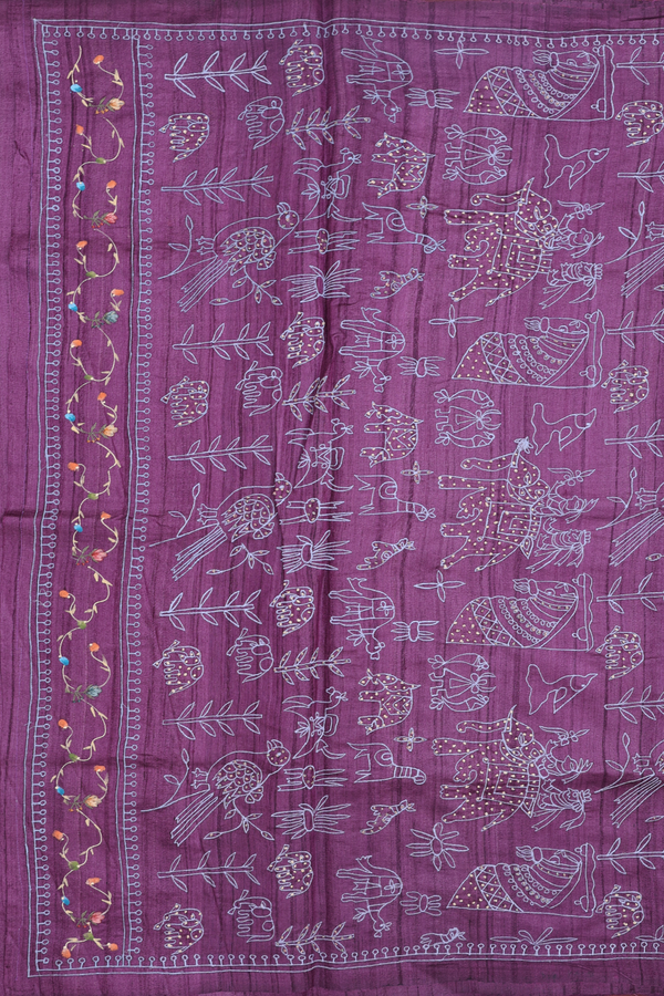 Tussar Silk Saree In Purple With Hand Painted Design