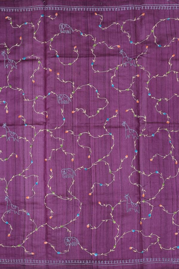 Tussar Silk Saree In Purple With Hand Painted Design