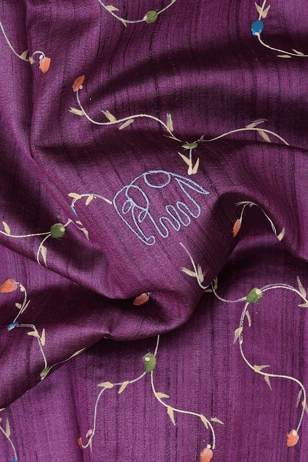 Tussar Silk Saree In Purple With Hand Painted Design