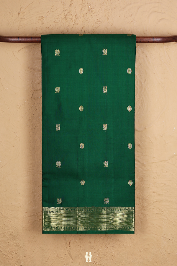 Kanchipuram Nine Yards Silk Saree Green With Peacock Buttas