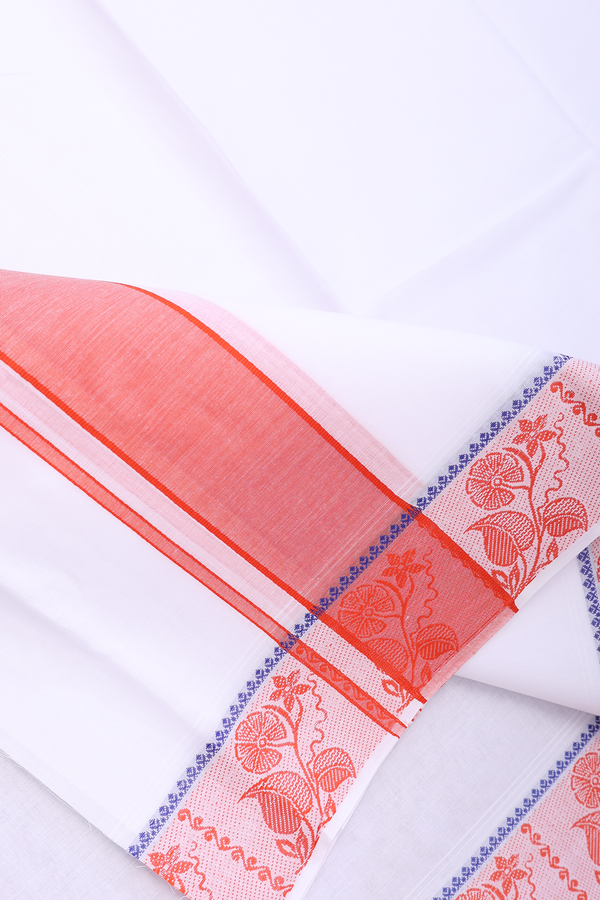 Floral Border White Cotton Dhoti With Angavastram Set