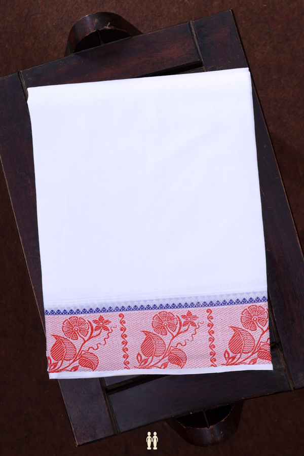 Floral Border White Cotton Dhoti With Angavastram Set