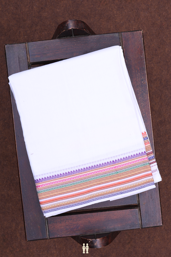 Threadwork Border White Cotton Dhoti With Angavastram Set