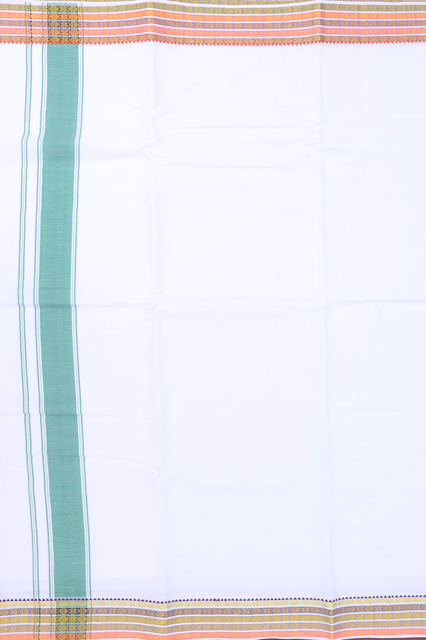 Threadwork Border White Cotton Dhoti With Angavastram Set