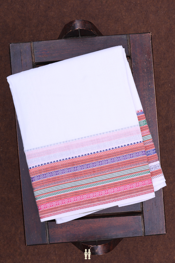 Threadwork Border White Cotton Dhoti With Angavastram Set