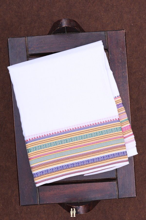 Threadwork Border White Cotton Dhoti With Angavastram Set