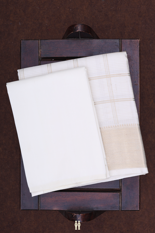 Checks Design White Silk Dhoti With Shirt Material