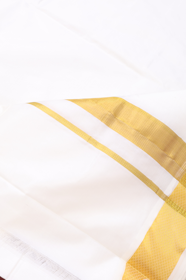 Zari Border Egg White Silk Dhoti With Angavastram Set