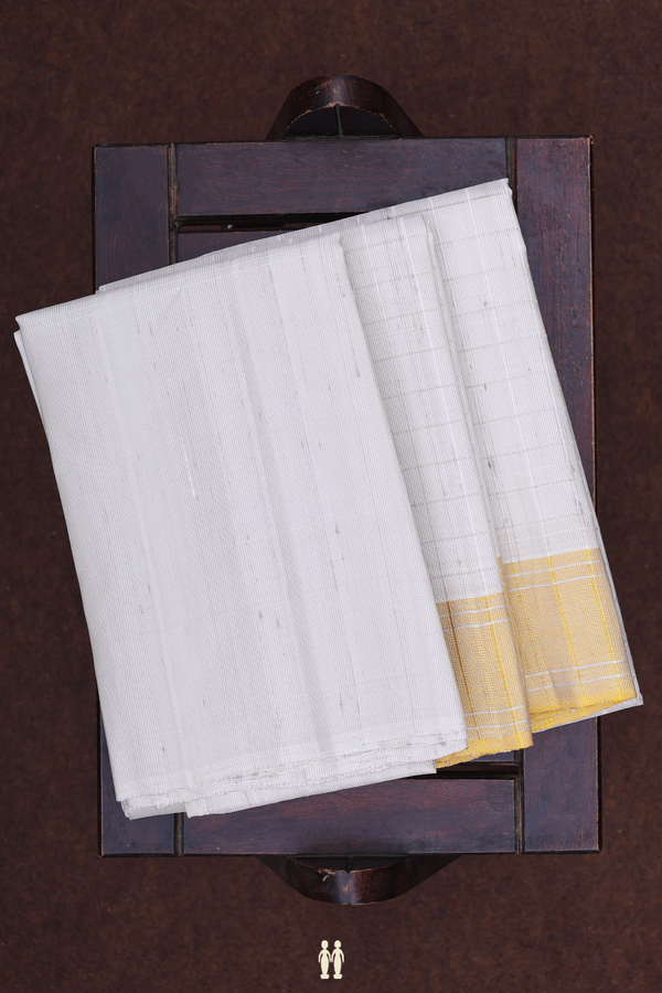 Checks Design White Silk Dhoti With Shirt Material