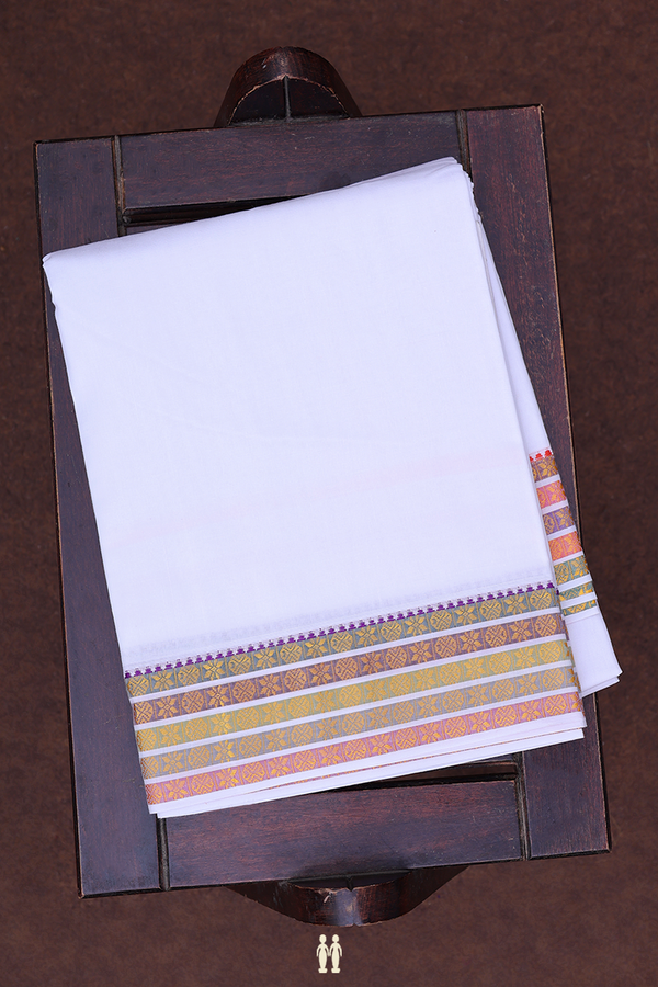 Contrast Border White Cotton Dhoti With Angavastram Set