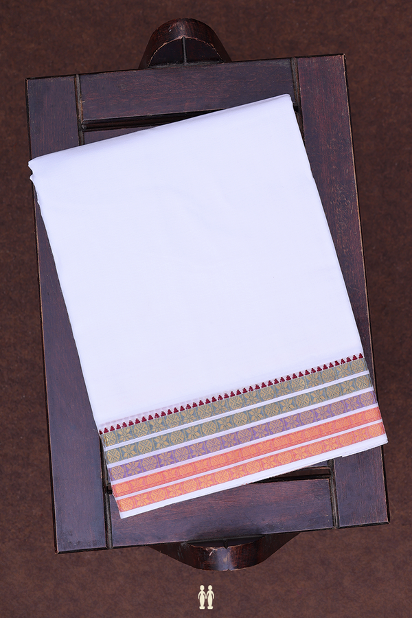 Contrast Border White Cotton Dhoti With Angavastram Set