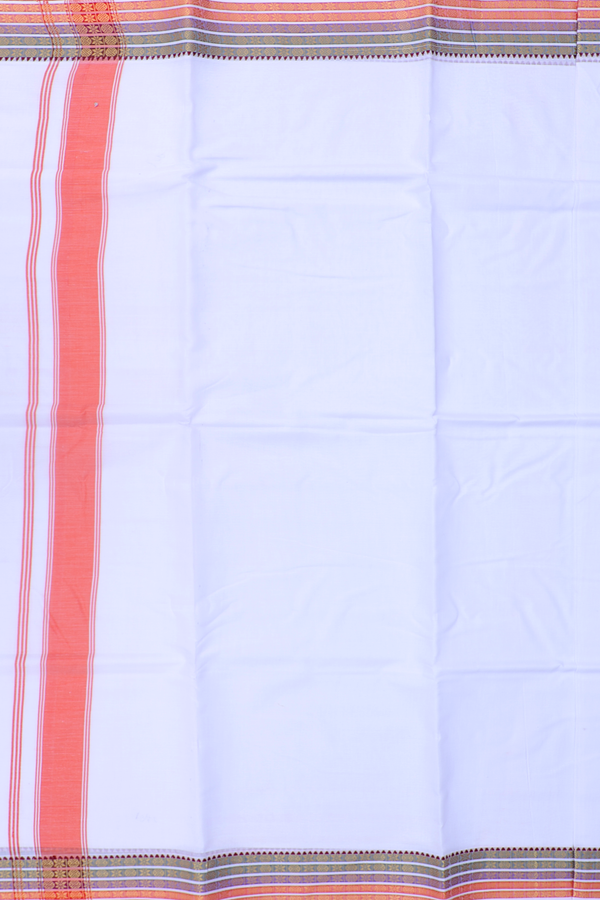 Contrast Border White Cotton Dhoti With Angavastram Set