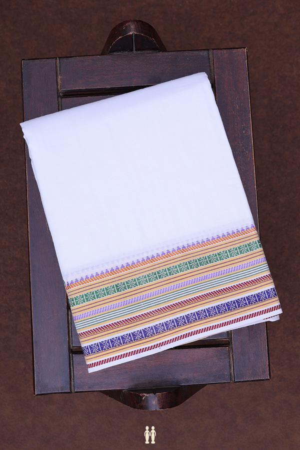 Threadwork Border White Cotton Dhoti With Angavastram Set