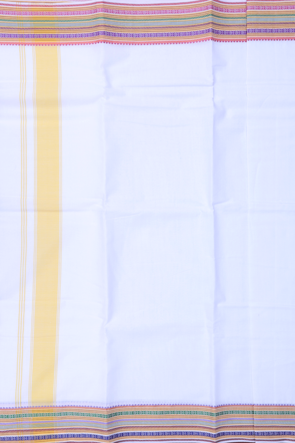 Threadwork Border White Cotton Dhoti With Angavastram Set