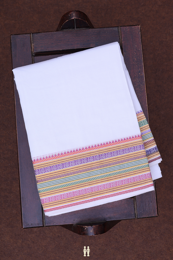 Contrast Border White Cotton Dhoti With Angavastram Set