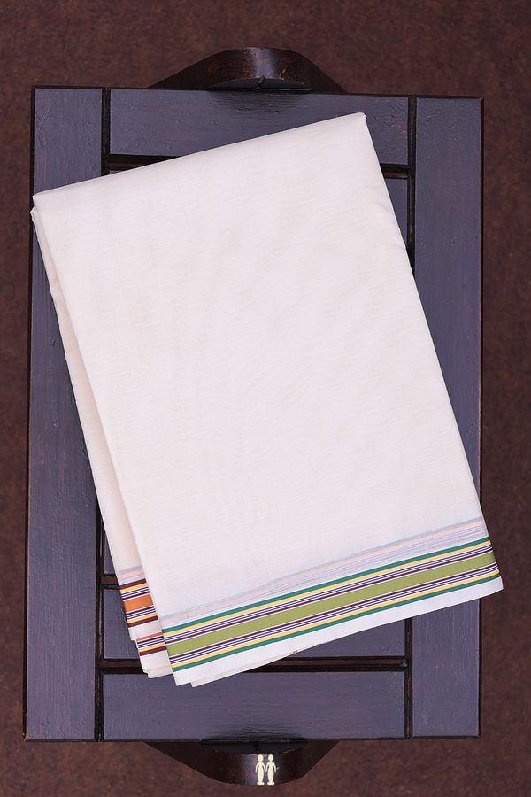 Stripes Border White Cotton Dhoti With Angavastram Set