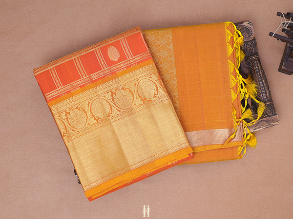 Checks Design Orange Kanchipuram Half Saree Material