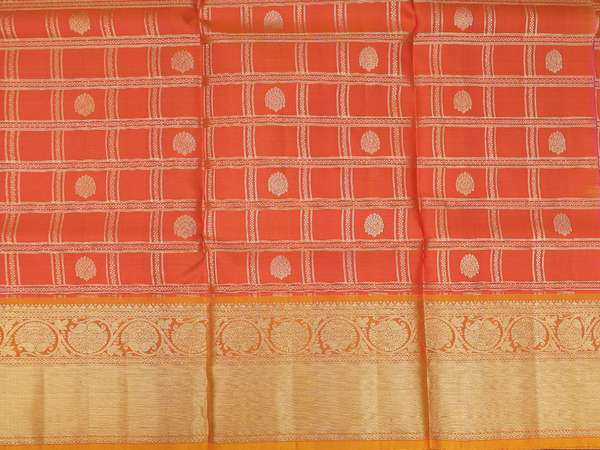 Checks Design Orange Kanchipuram Half Saree Material
