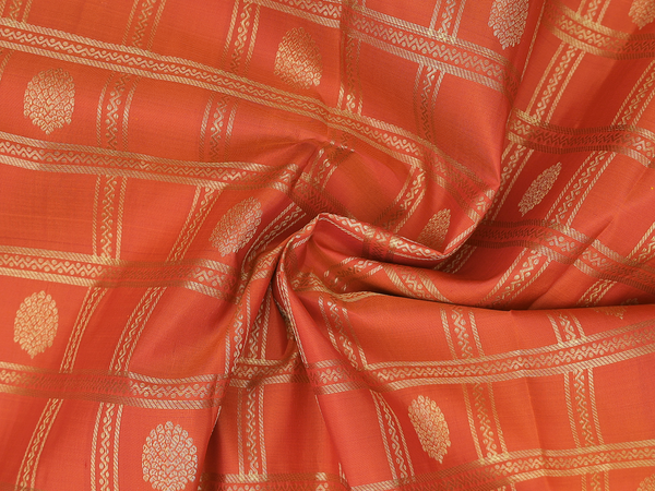 Checks Design Orange Kanchipuram Half Saree Material