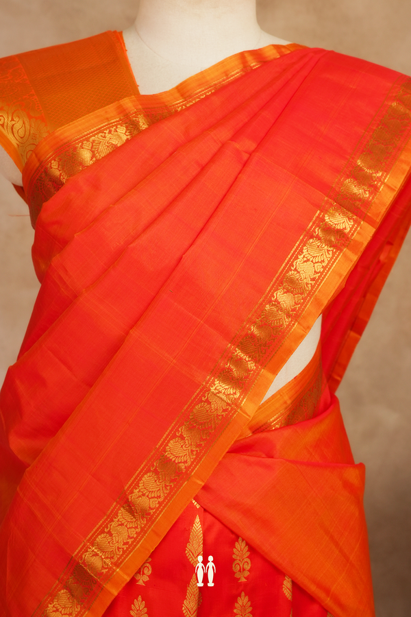 Zari Buttas Orange Kanchipuram Silk Half Saree Material