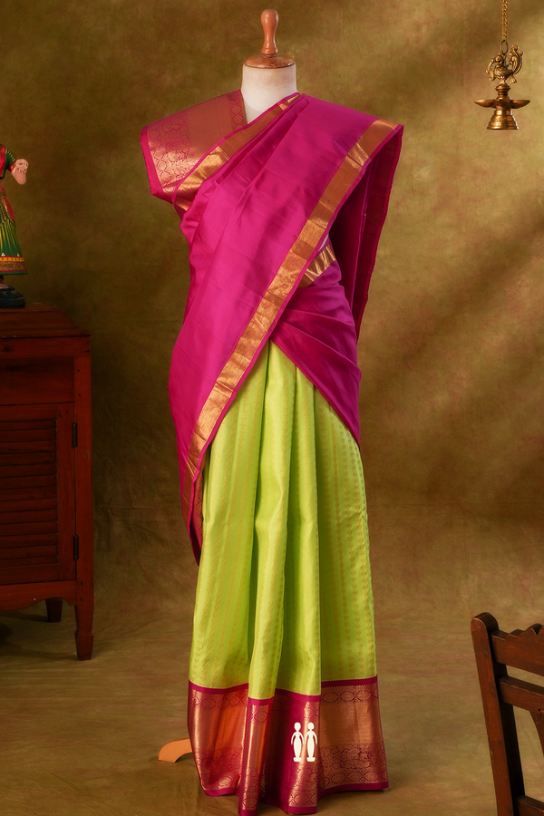 Zari Buttas Parrot Green Kanchipuram Silk Half Saree Material