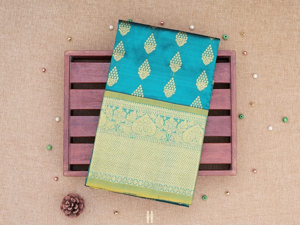 Zari Buttas Green Kanchipuram Silk Pavadai Sattai Material
