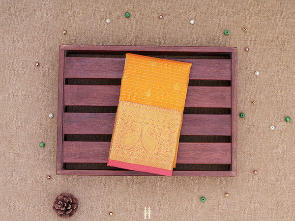 Checks Design Orange Kanchipuram Silk Pavadai Sattai Material