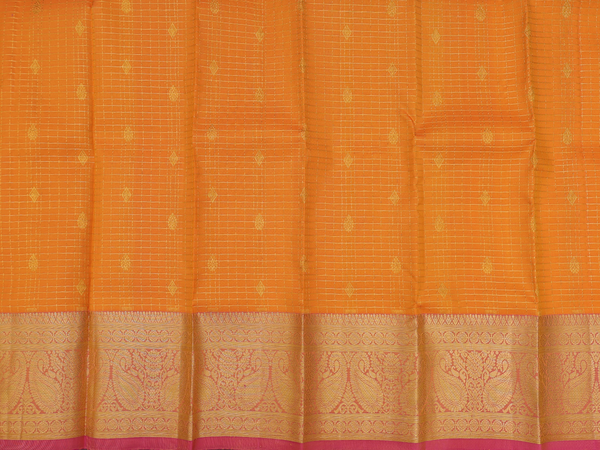 Checks Design Orange Kanchipuram Silk Pavadai Sattai Material