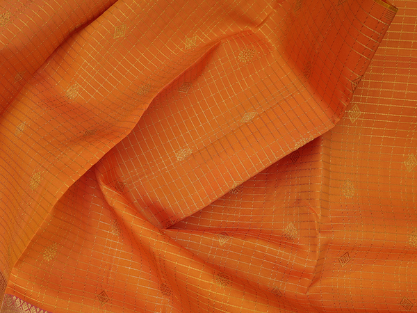 Checks Design Orange Kanchipuram Silk Pavadai Sattai Material