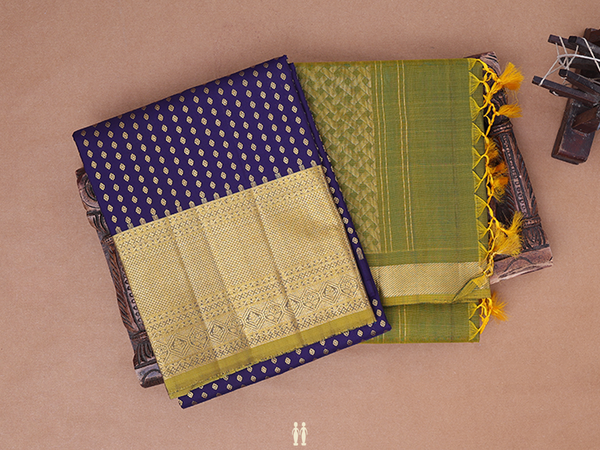 Zari Buttis Navy Blue Kanchipuram Silk Half Saree Material