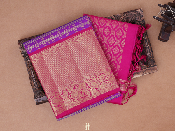Checks Design Purple Kanchipuram Silk Half Saree Material