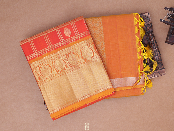Checks Design Orange Kanchipuram Half Saree Material
