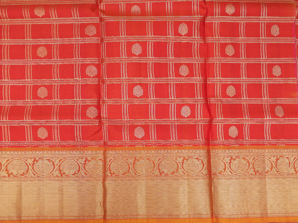 Checks Design Orange Kanchipuram Half Saree Material