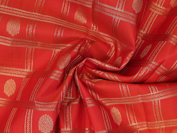 Checks Design Orange Kanchipuram Half Saree Material