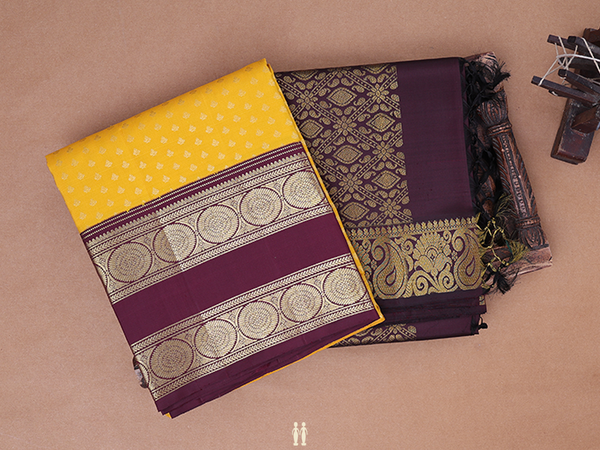 Zari Buttas Saffron Yellow Kanchipuram Half Saree Material