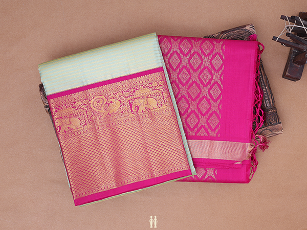 Stripes Design Green Kanchipuram Silk Half Saree Material