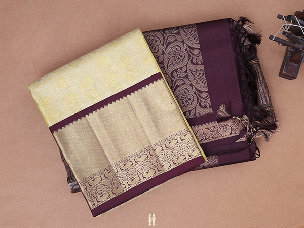 Floral Design Yellow Kanchipuram Silk Half Saree Material
