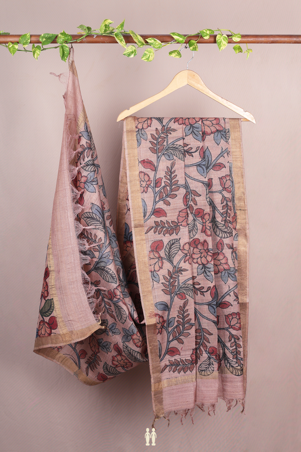 Floral Hand Painted Design Cocoa Brown Tussar Silk Dupatta