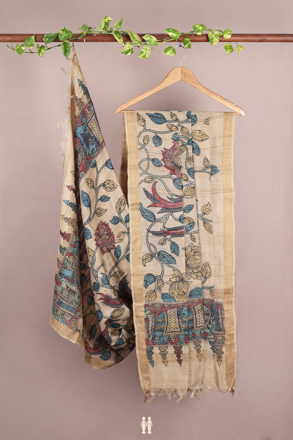 Floral Hand Painted Design Cream Color Tussar Silk Dupatta