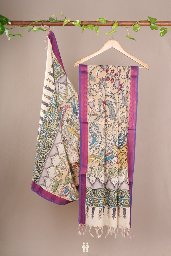 Peacock Hand Painted Peach Kalamkari Cotton Dupatta